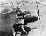 'Round Trip' Battle-Damaged TBM Avenger Back On Board USS Ticonderoga (CV 14)piloted by Ensign C.V. Higman